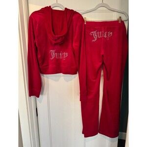 JUICY COUTURE Velour OG Bling Tracksuit Hoodie Pant Set Flash Red ❤️ Medium  NEW
